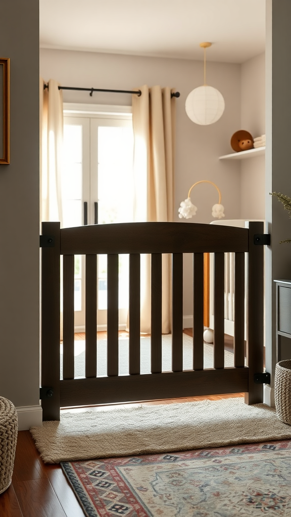 Dark wood baby gate at the entrance of a nursery