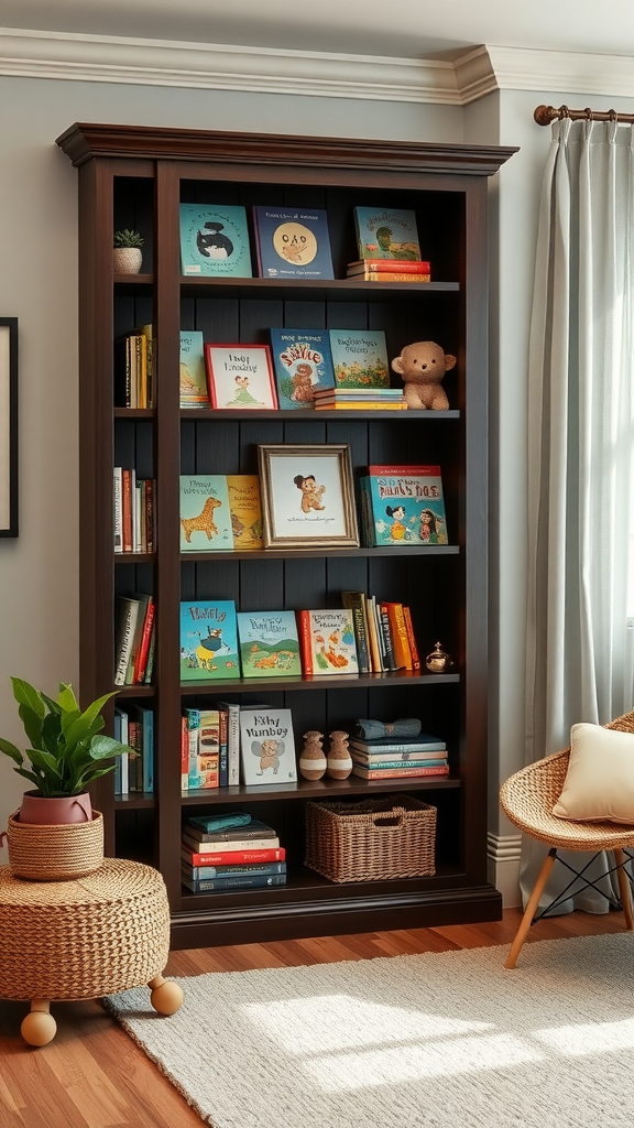A dark wood bookshelf filled with colorful children's books and soft toys in a cozy nursery setting.