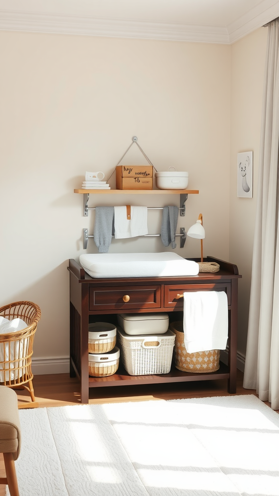 A cozy dark wood changing station with storage baskets and a clean design in a well-lit nursery