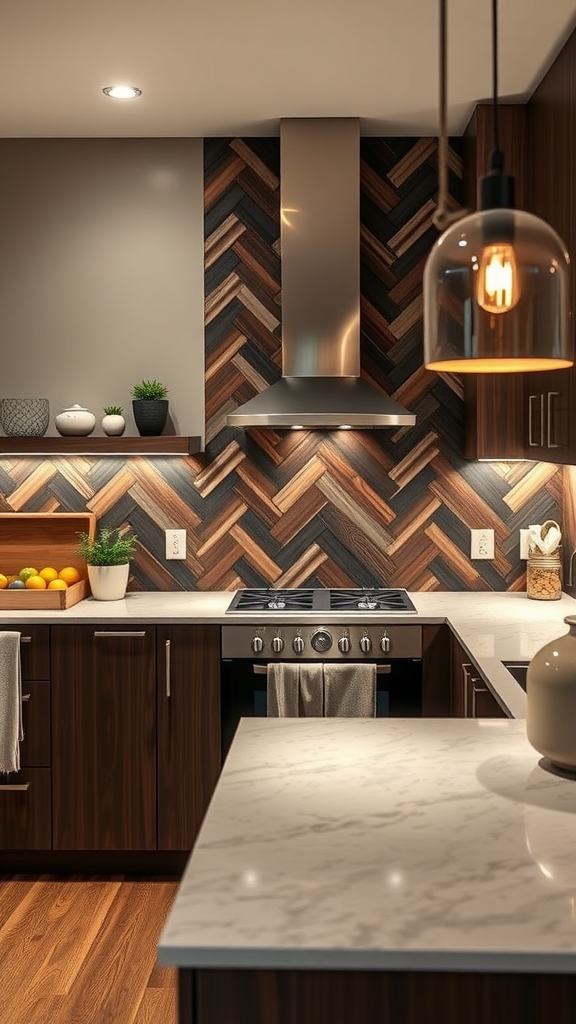 A modern kitchen featuring a dark wood chevron backsplash with stainless steel appliances and wooden cabinets.