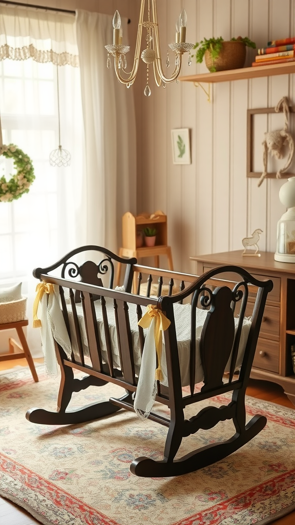 A dark wood cradle with ribbons in a cozy nursery setting