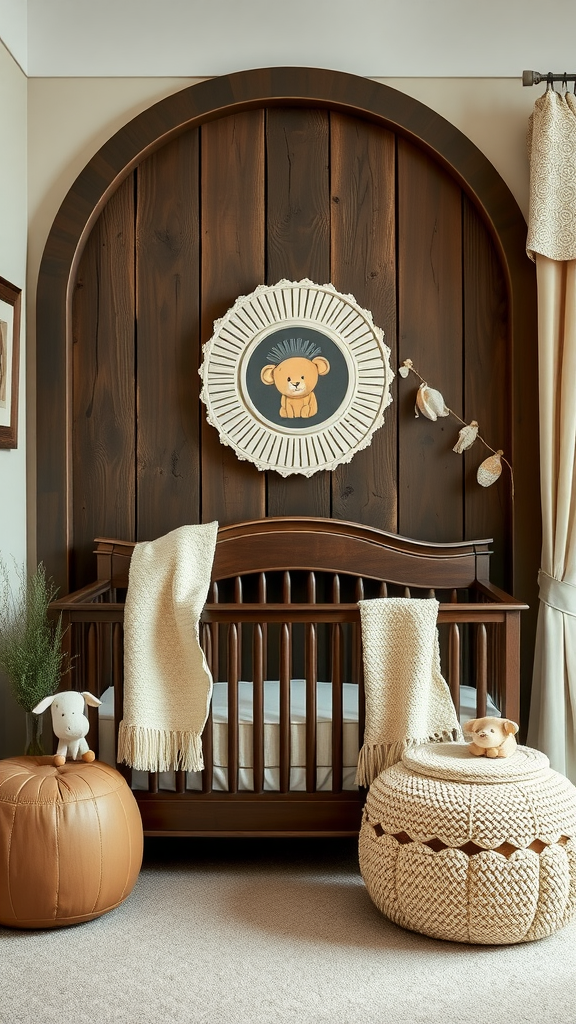A cozy nursery featuring dark wood accents, a crib, and soft plush decor.