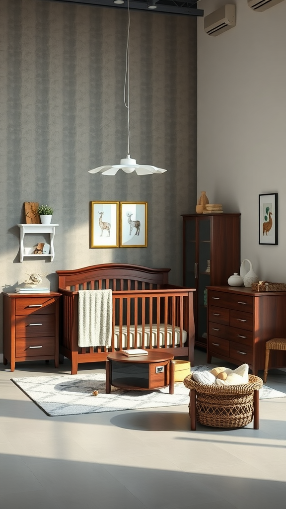 A modern nursery with dark wood furniture, including a crib and dressers, featuring framed artwork and a cozy round basket.