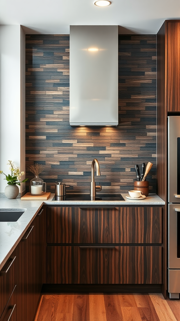 A stylish kitchen featuring a dark wood mosaic backsplash, modern appliances, and a warm wooden floor.