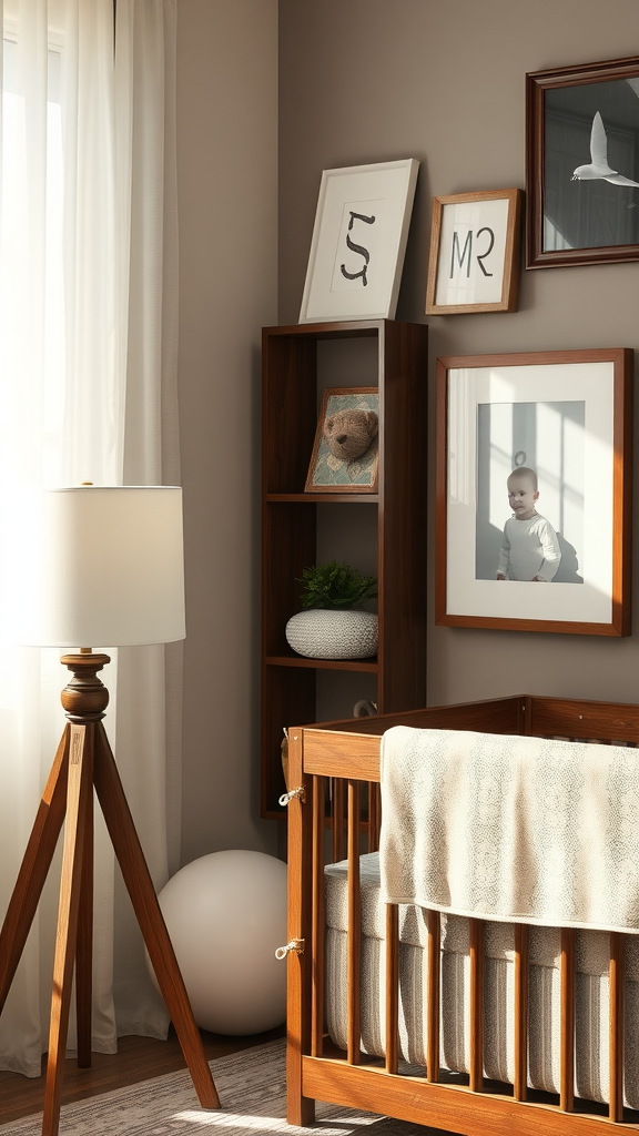 A cozy nursery featuring dark wood furniture, a crib with a blanket, framed photos, and a stylish lamp.