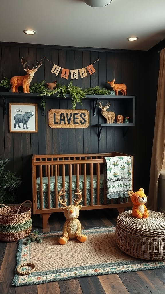 A cozy dark wood nursery with a crib, decor, and playful touches.