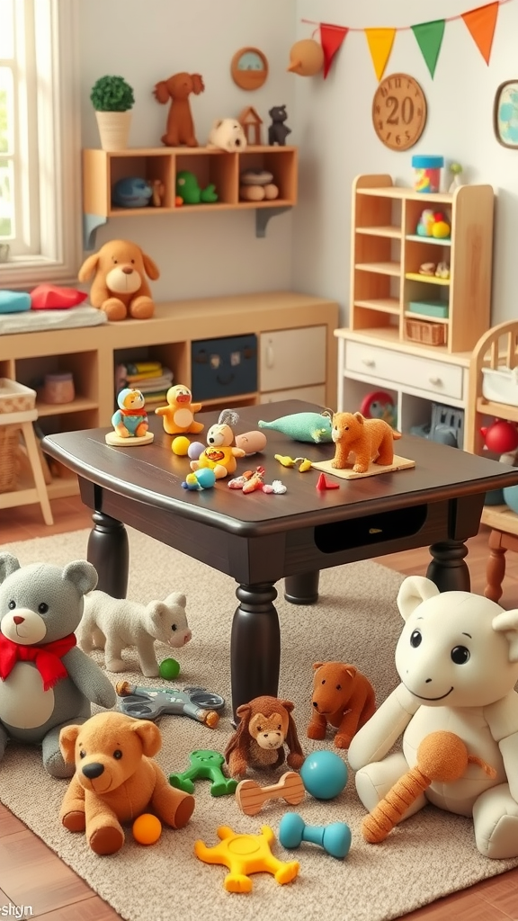 A cozy play area with a dark wood table surrounded by various plush toys and colorful play items.