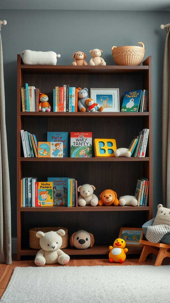 A dark wood shelving unit in a nursery filled with books and plush toys.