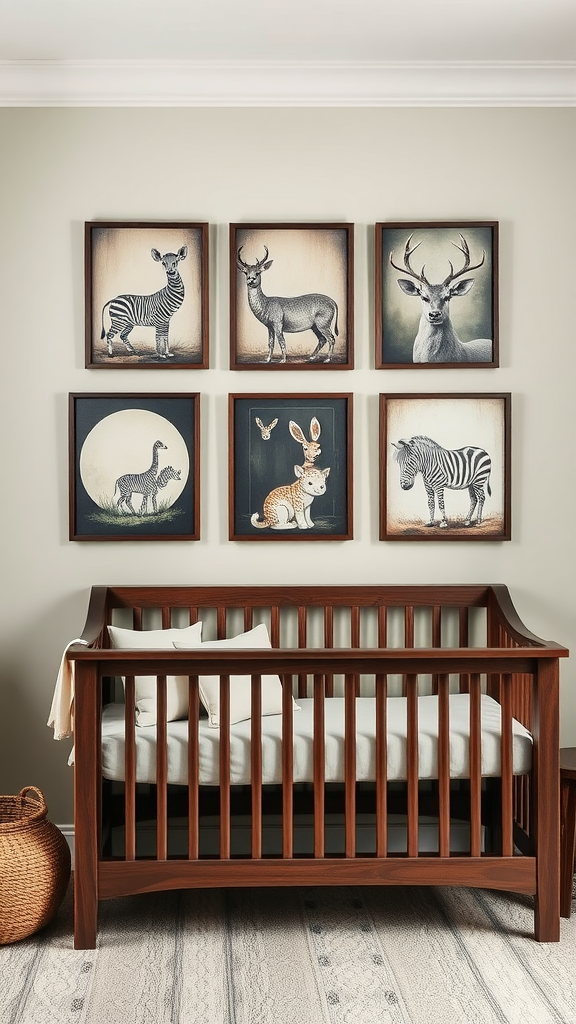 Dark wood framed animal illustrations on a nursery wall above a wooden crib.
