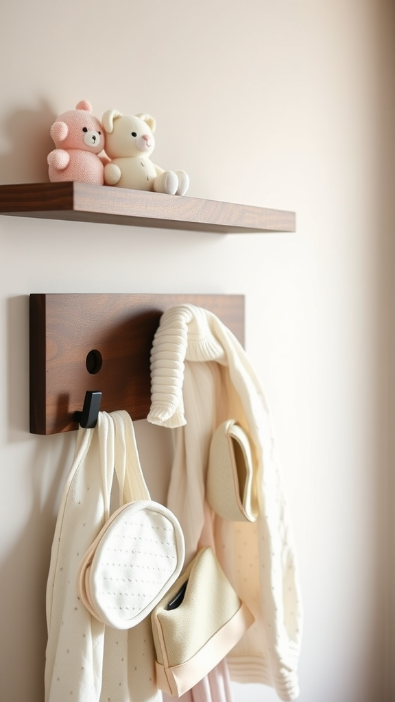 Dark wood wall hooks with baby clothes and accessories hanging; a shelf with stuffed animals above.