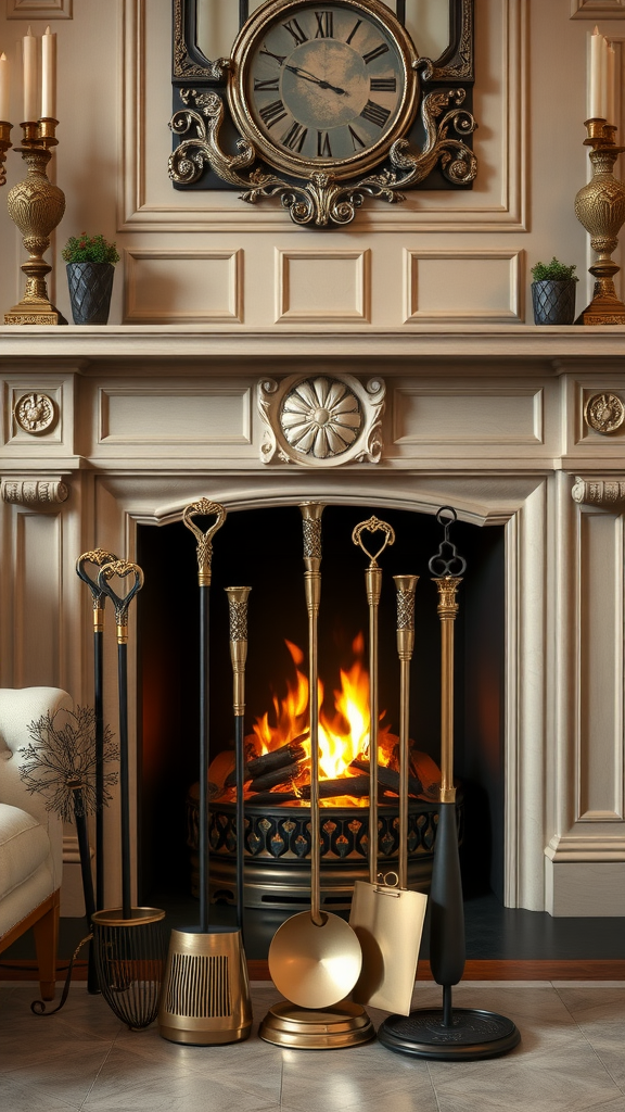 A decorative fireplace with various tools and a clock above it