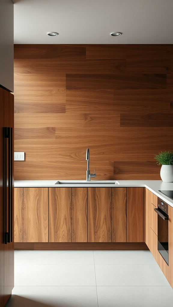 A modern kitchen featuring deep brown plywood cabinetry and backsplash, sleek sink, and clean lines.