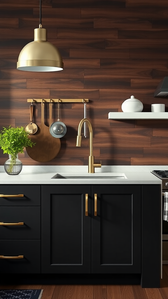 A modern kitchen featuring deep chocolate shiplap walls, black cabinets with gold handles, and a stylish gold pendant light.