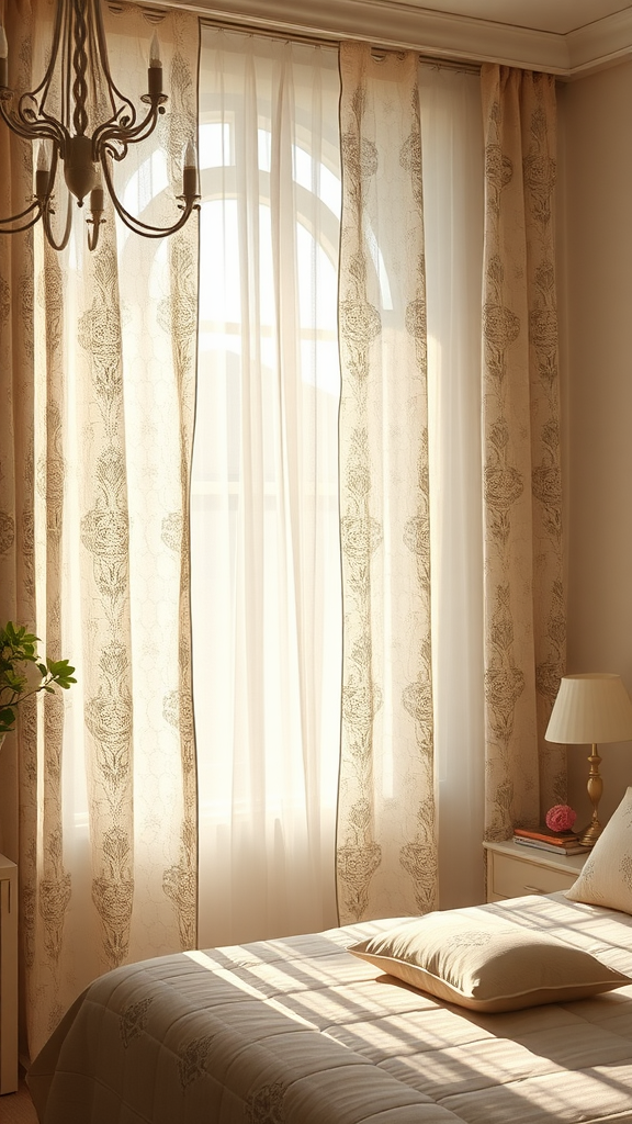 A cozy bedroom with delicate lace curtains filtering soft light, enhancing the room's elegance.
