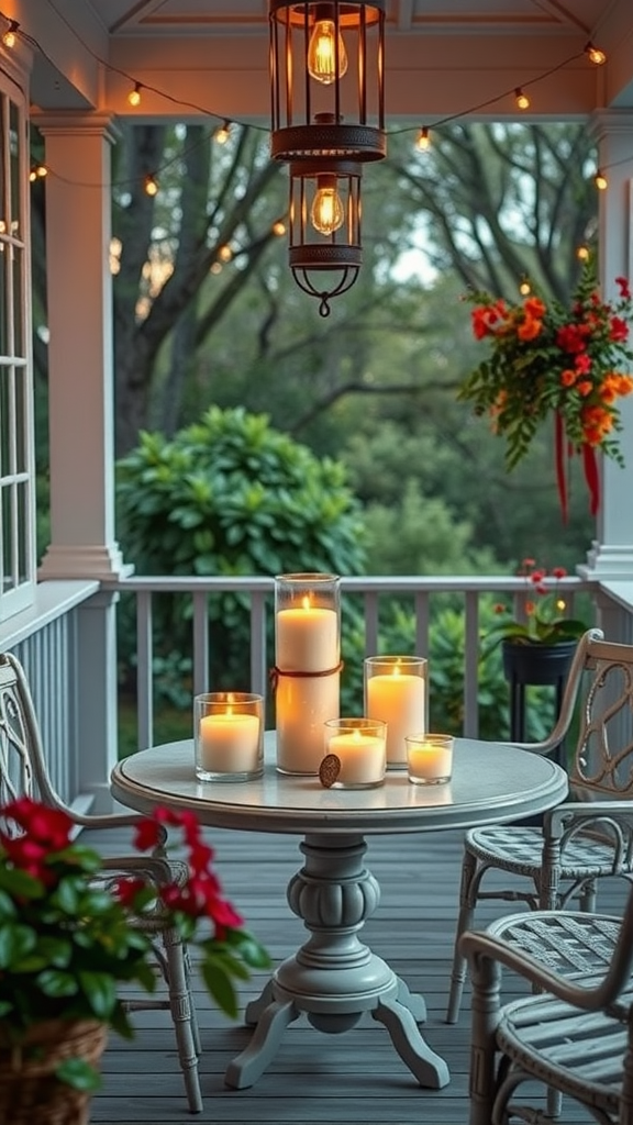 A beautifully arranged table with candles on a porch, surrounded by twinkling lights and flowers.