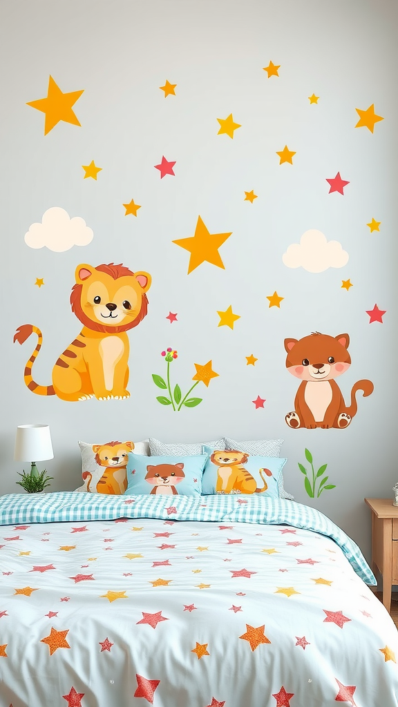 Colorful wall stickers of a lion, cat, stars, and flowers in a cheerful bedroom