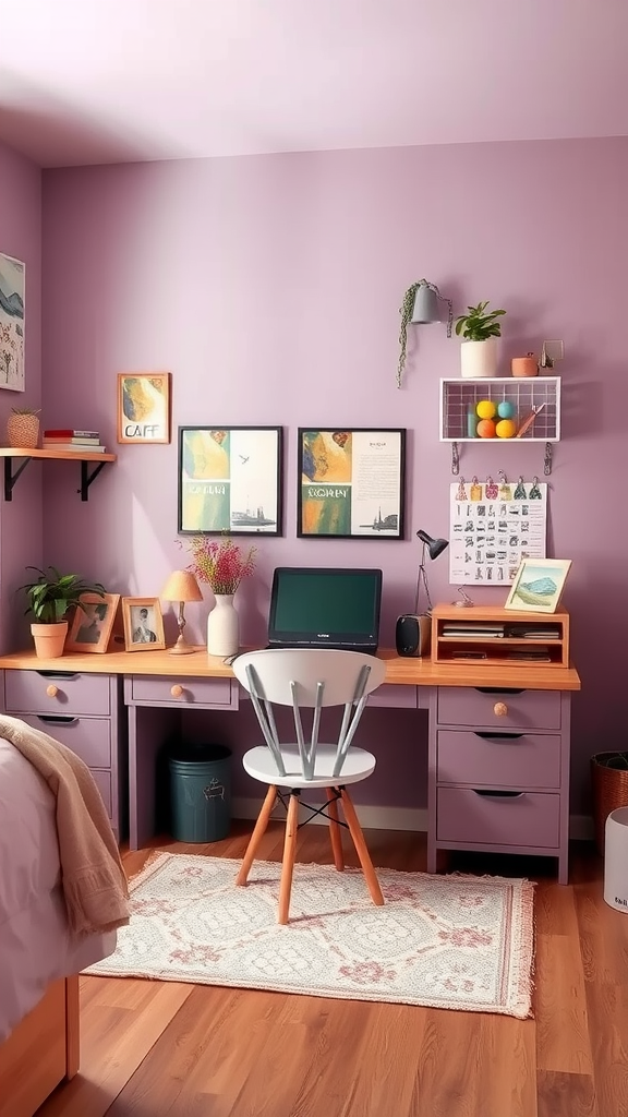 A cozy mauve bedroom with a desk, decorative items, and colorful accents.
