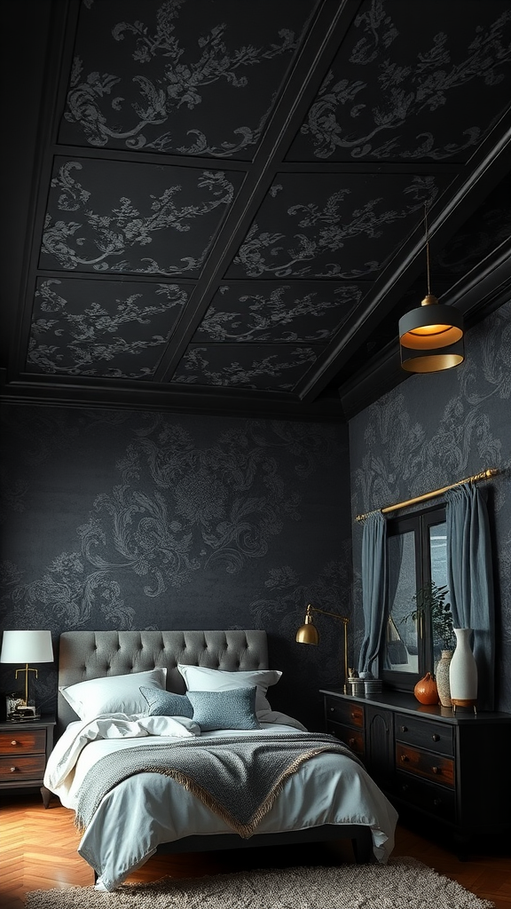 A cozy dark bedroom with a decorative ceiling and soft bedding.