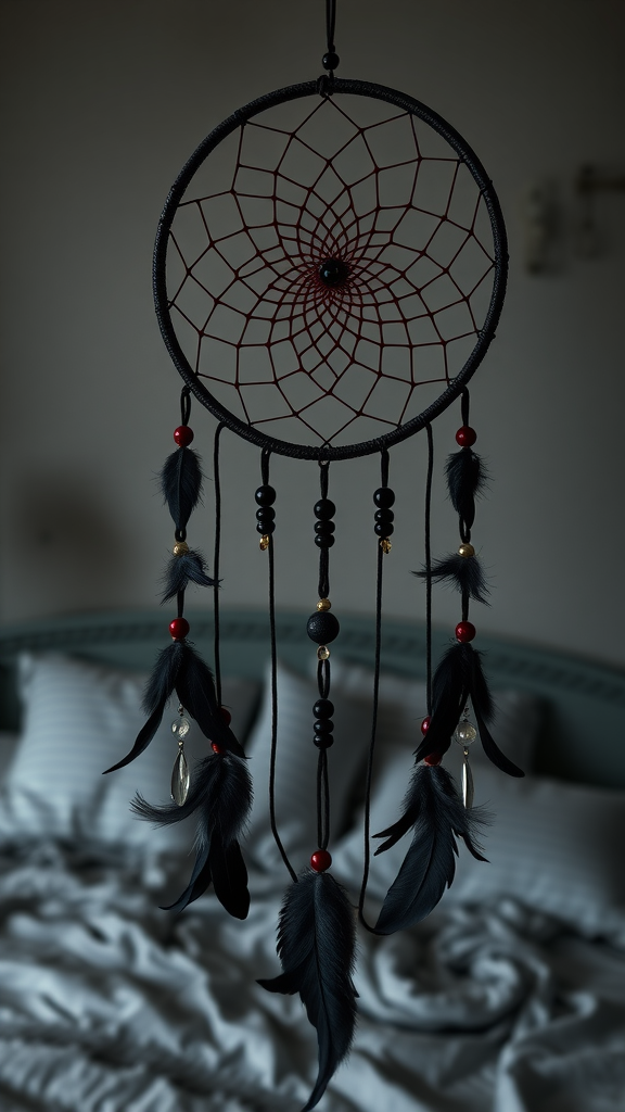 A dreamcatcher with dark feathers hanging against a soft background, featuring red beads and intricate webbing.