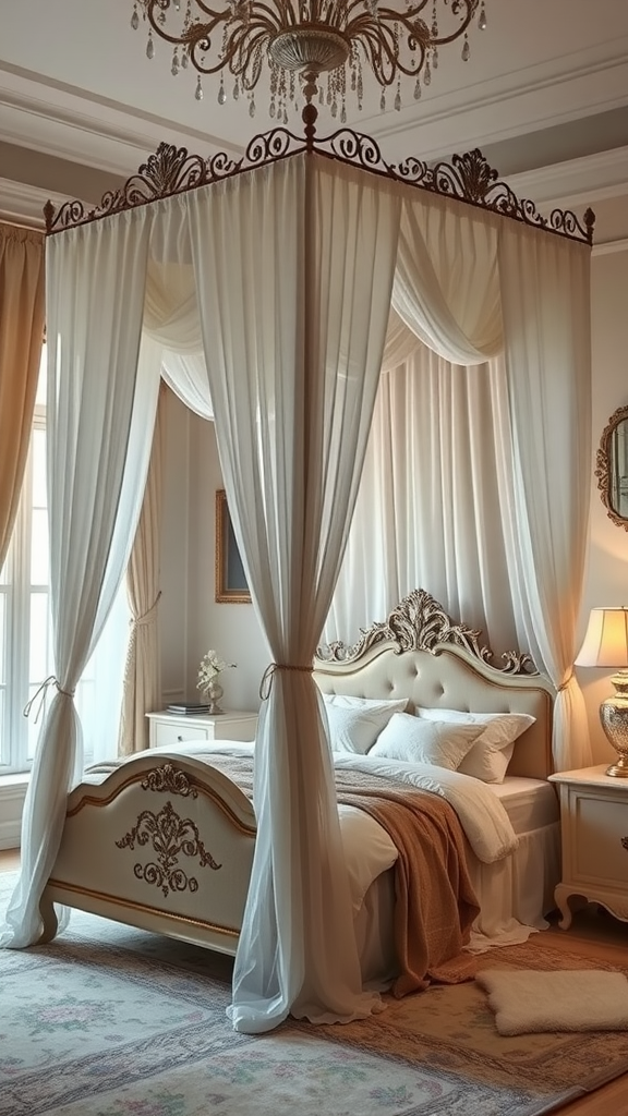 Elegant canopy bed with soft curtains, intricate headboard, and stylish decor