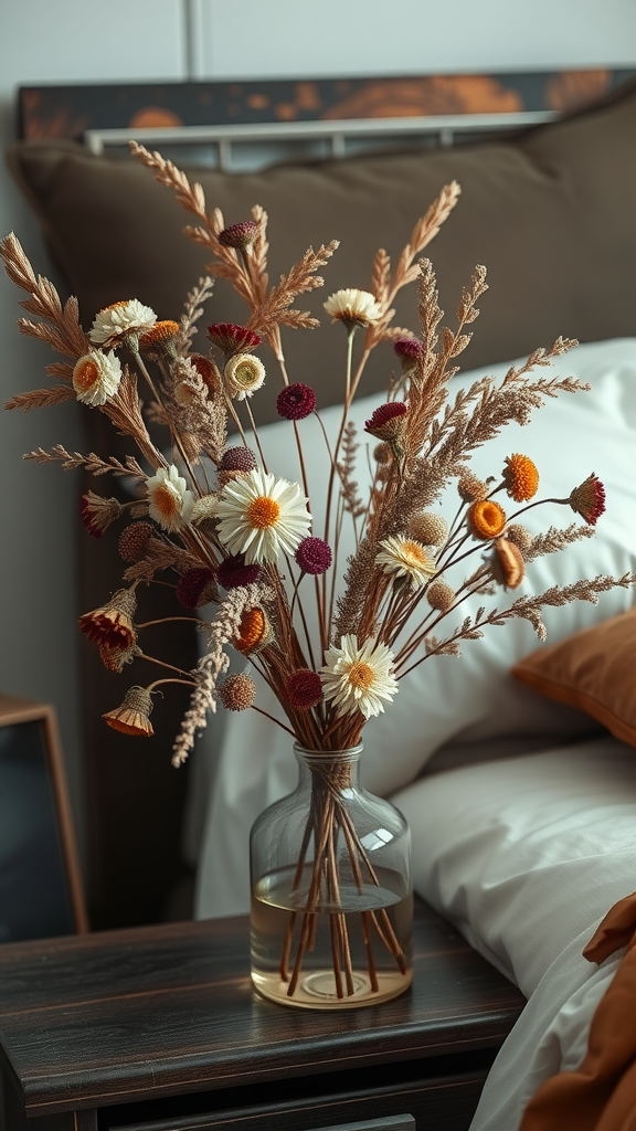 A beautiful dried floral arrangement in a glass vase, featuring warm colors and textures, set on a bedside table.