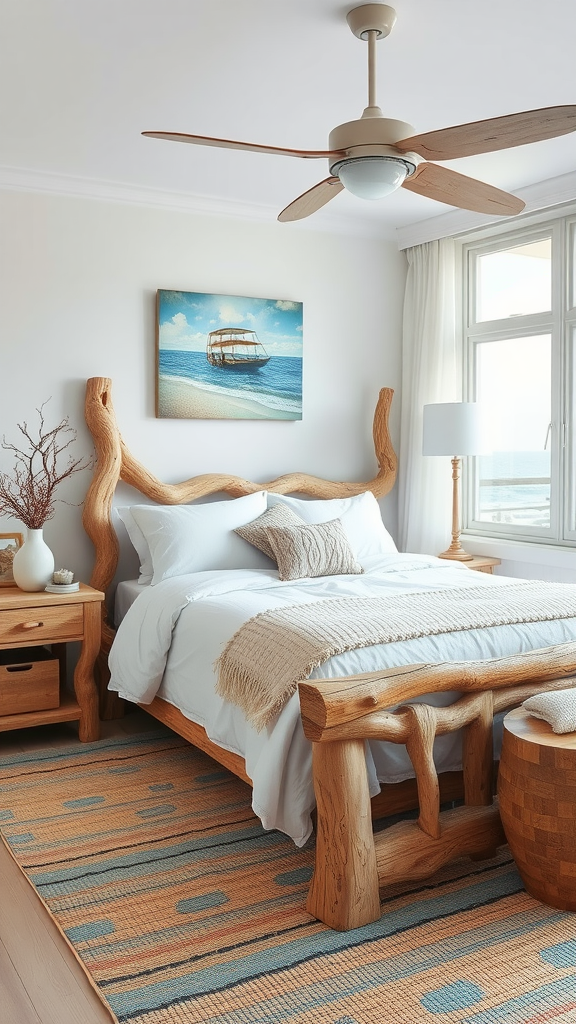 Coastal bedroom featuring driftwood furniture and a serene atmosphere