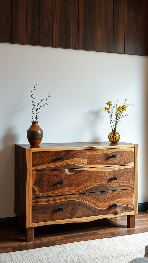A driftwood dresser with dark wood grain, featuring decorative vases and branches on top.