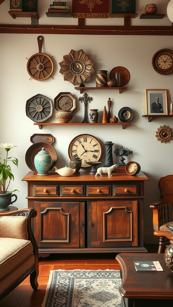 A cozy living room featuring a collection of vintage knick-knacks displayed on shelves and a wooden cabinet, creating a warm and inviting atmosphere.