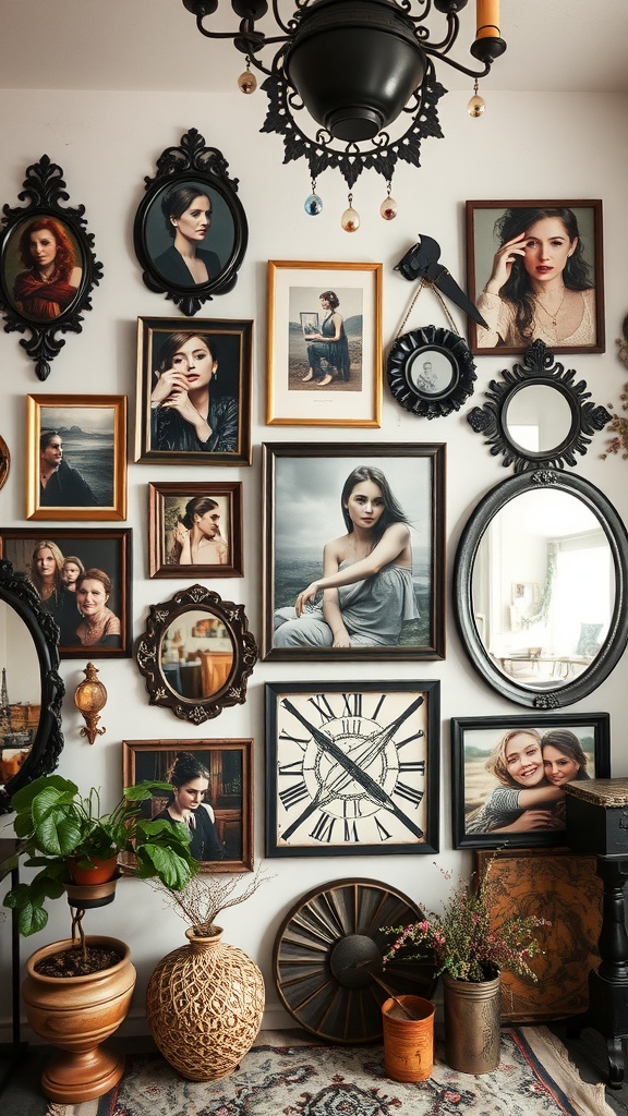 An eclectic gallery wall featuring various framed photographs, mirrors, and decorative items.