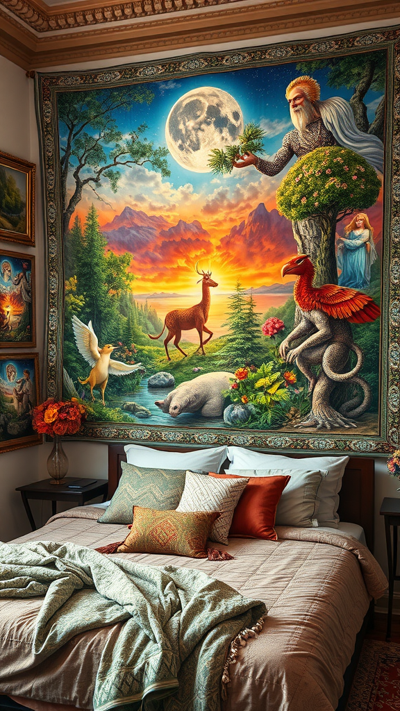 A colorful wall tapestry featuring a wise figure in nature, with animals and a scenic backdrop, in a stylish bedroom setting.