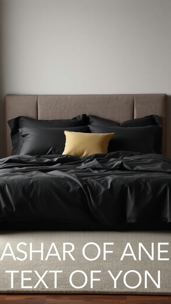 Cozy dark bedroom with black bed linens and a yellow accent pillow