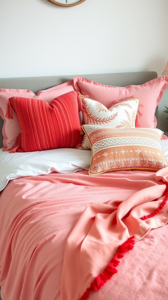 Elegant coral bedding with various pillows on a bed