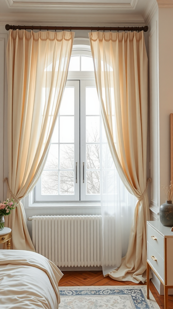 A bedroom with cream curtains draped elegantly over a window, showcasing a cozy and inviting atmosphere.