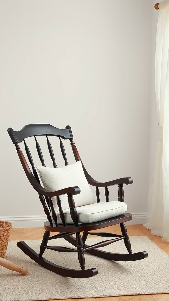 A dark wood rocking chair with a white cushion in a minimalist room.