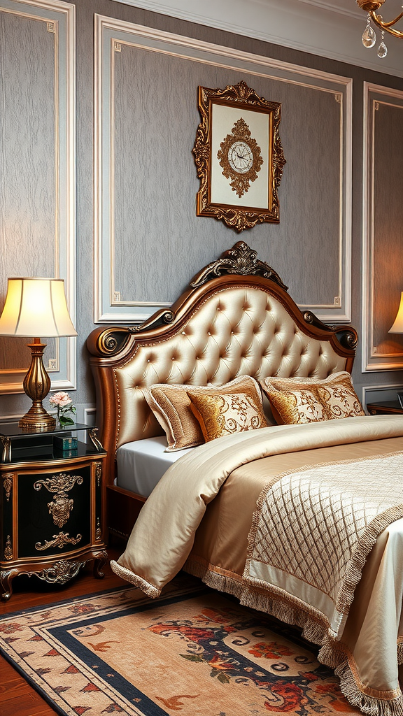 Luxurious bedroom featuring a tufted headboard, elegant nightstand, and decorative wall clock.