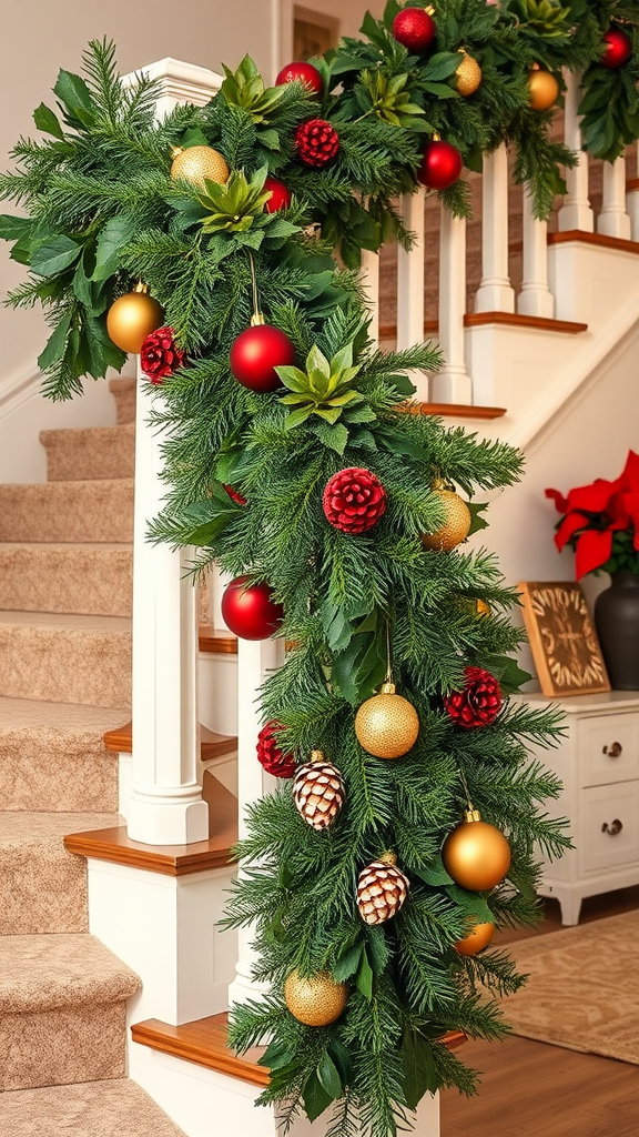 A beautifully decorated garland on a staircase with red and gold ornaments, pinecones, and greenery.