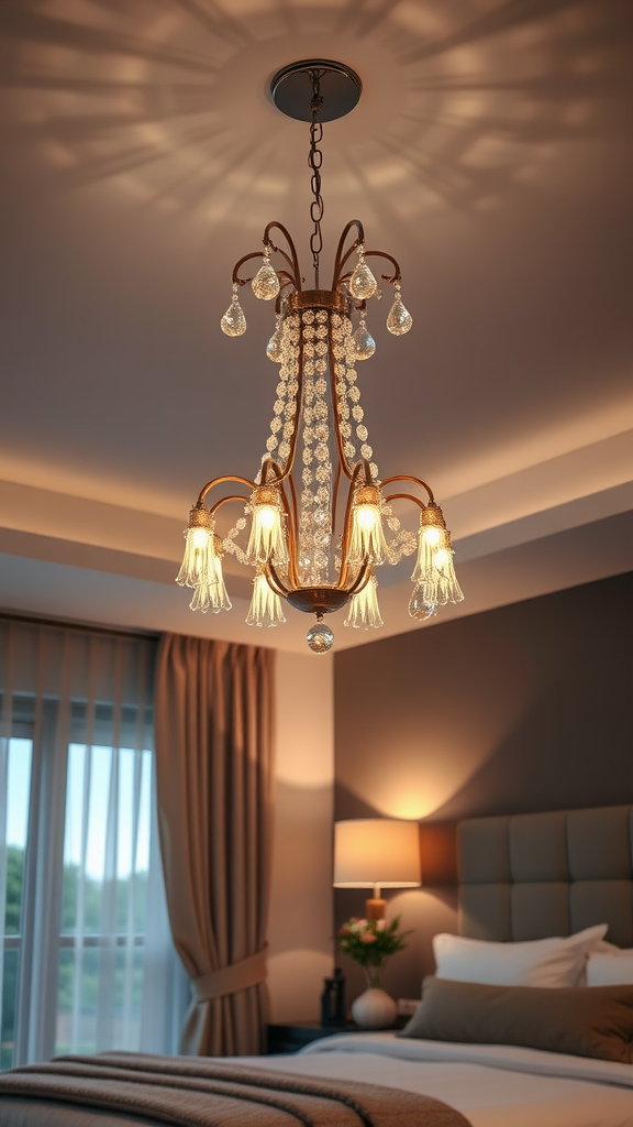 A beautiful chandelier with crystal droplets hanging in a stylish bedroom.