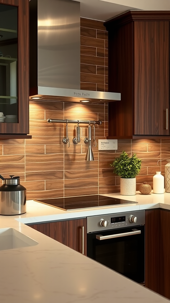 A modern kitchen featuring elegant mahogany tiles as a backsplash, with stainless steel appliances and a potted plant.