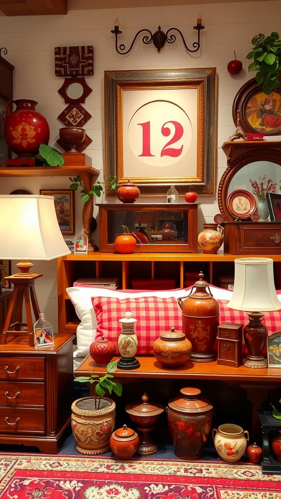 A cozy cherry-themed bedroom setup with wooden furniture, decorative pots, and lamps.