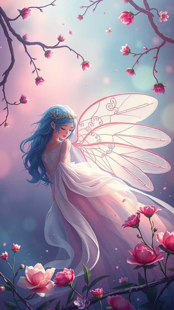 A fairy with flowing blue hair and delicate wings among blooming flowers in a dreamy pastel scene.