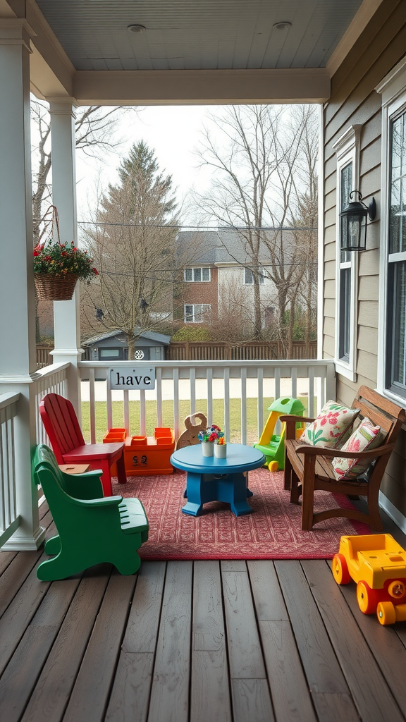 A family-friendly play area on an eastern porch with colorful furniture and toys.