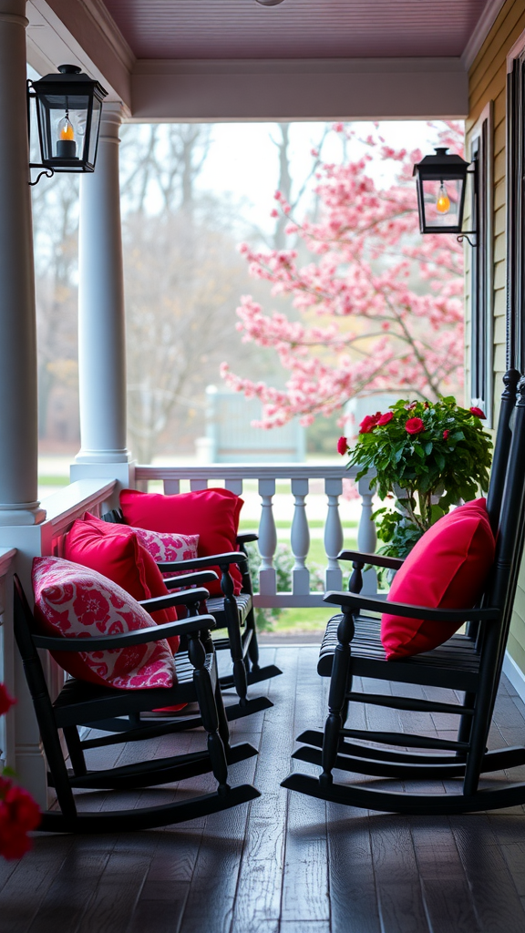 A porch with two rocking chairs and red and pink pillows, surrounded by flowers.