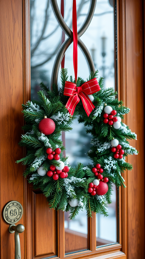 A festive wreath with red ornaments and berries, adorned with a red ribbon, hanging on a wooden door