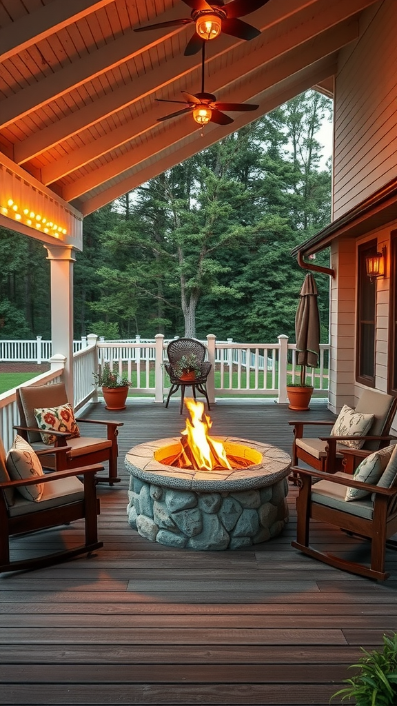 Cozy eastern porch with a fire pit surrounded by wooden rocking chairs and warm lighting