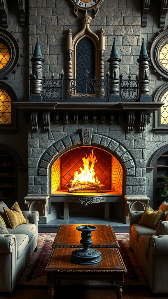 A cozy castlecore living room featuring a stone fireplace with a roaring fire, surrounded by elegant furniture.