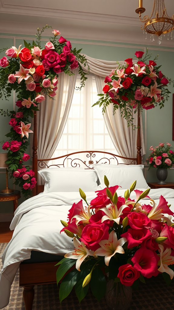 A beautifully decorated bedroom with floral arrangements featuring roses and lilies.