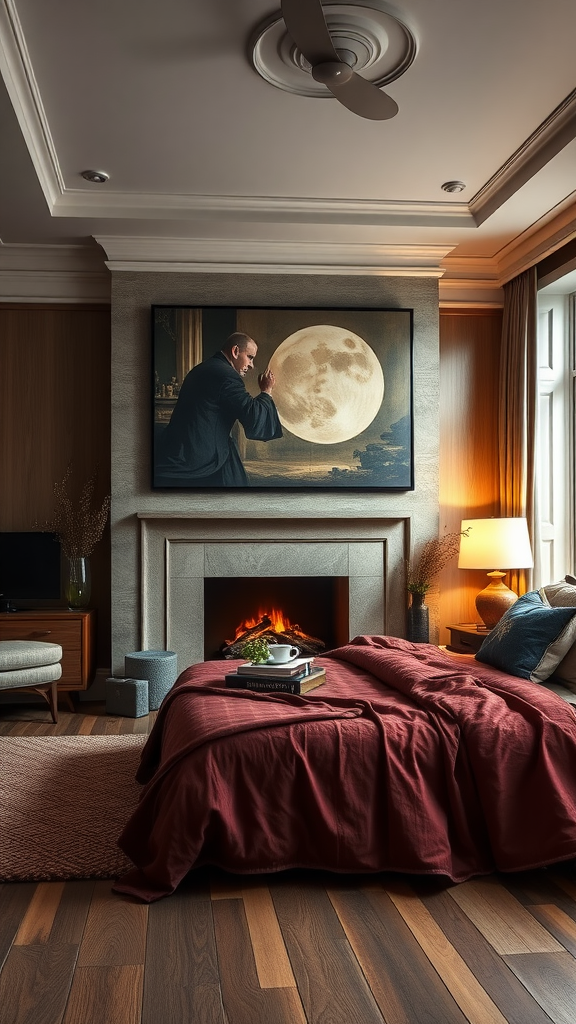 A cozy dark bedroom featuring a moon-themed artwork above a fireplace, with a warm color scheme.