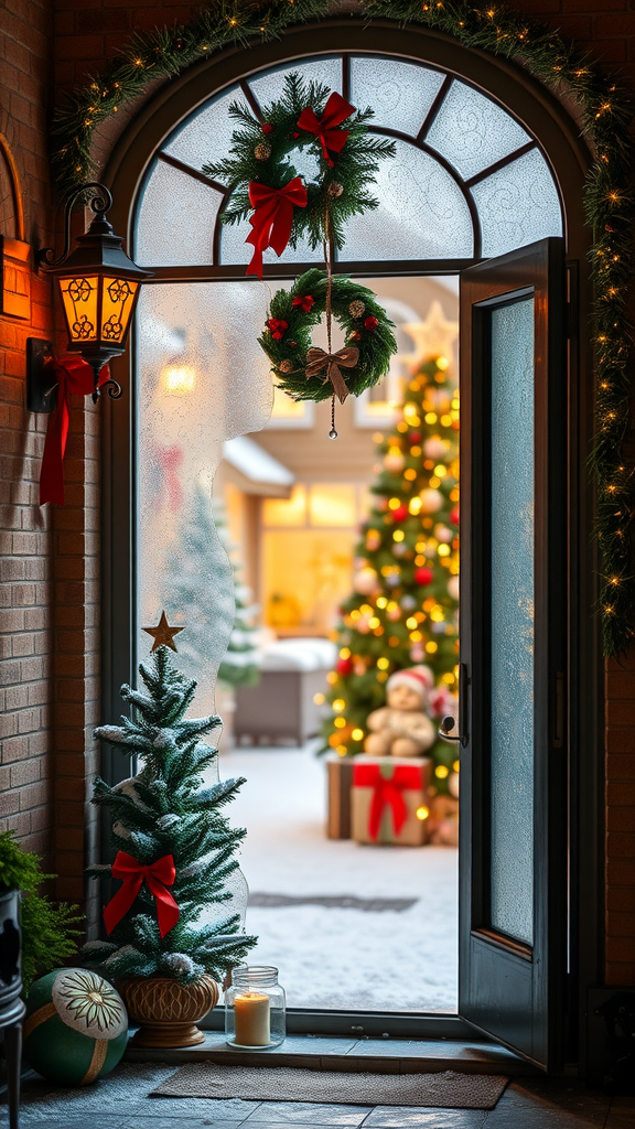 A decorated Christmas entryway with a frosted window, featuring a wreath, a small Christmas tree, and a snowy landscape outside.