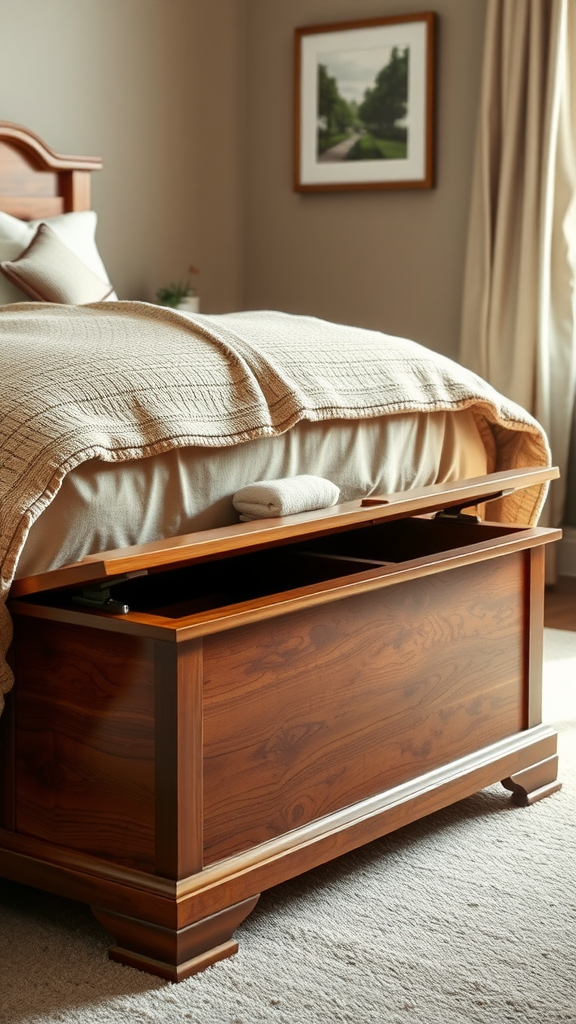 A cherry wood storage trunk at the foot of a bed in a cozy bedroom setting.