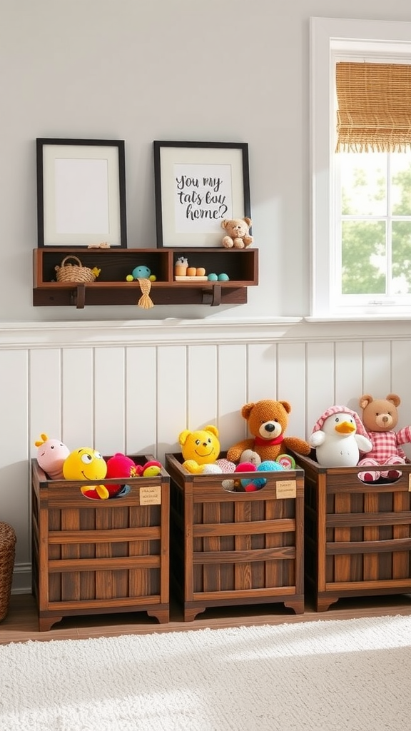 Three dark wood storage baskets filled with colorful toys in a nursery setting.
